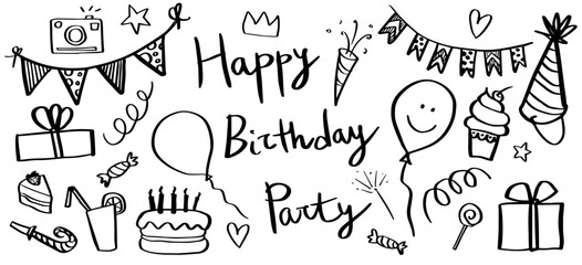 Happy Birthday Party hand drawn doodle sketch illustration elements set collection black line vector decoration design