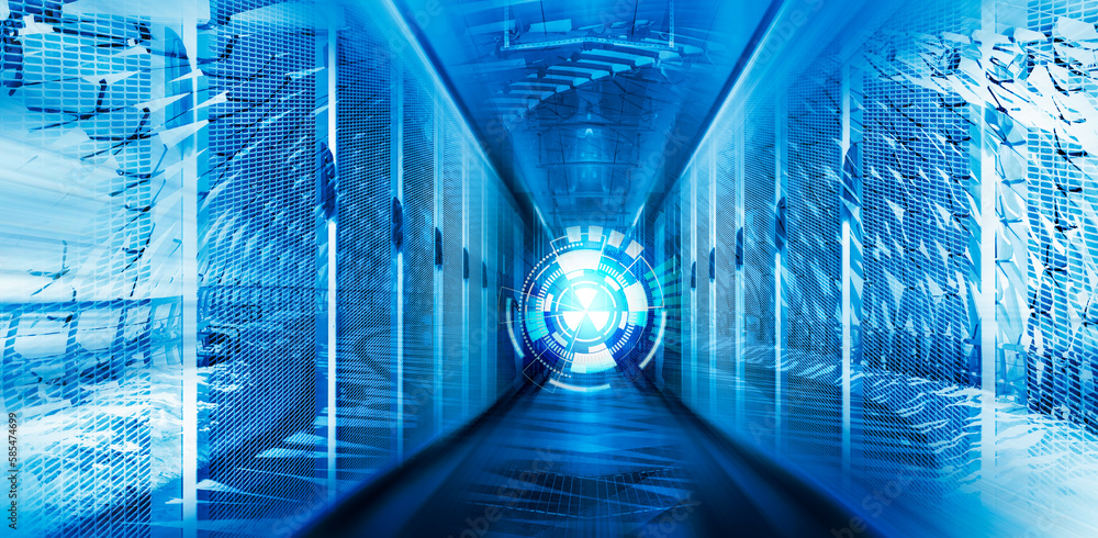 Aufkleber 3d render dolly shot of the interior of a data center with glowing circuit board lines running along