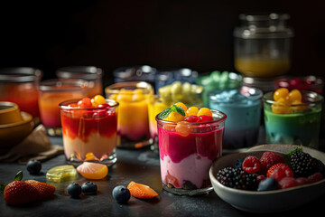  Jelly yoghurt dessert with colorful jellies and fresh fruits on the table Generative AI