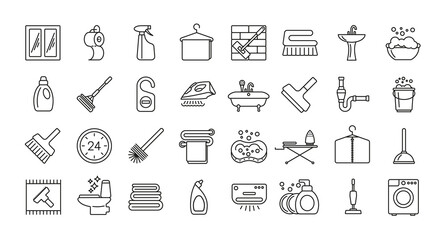Icon set, cleaning and laundry services in various rooms. Collection of icons for infographics or website. Vector.