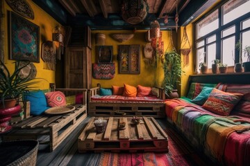 Fototapeta na wymiar Palette colored interior design. Colors and designs. Designer architect concept. Wooden bohemian living room,. Generative AI