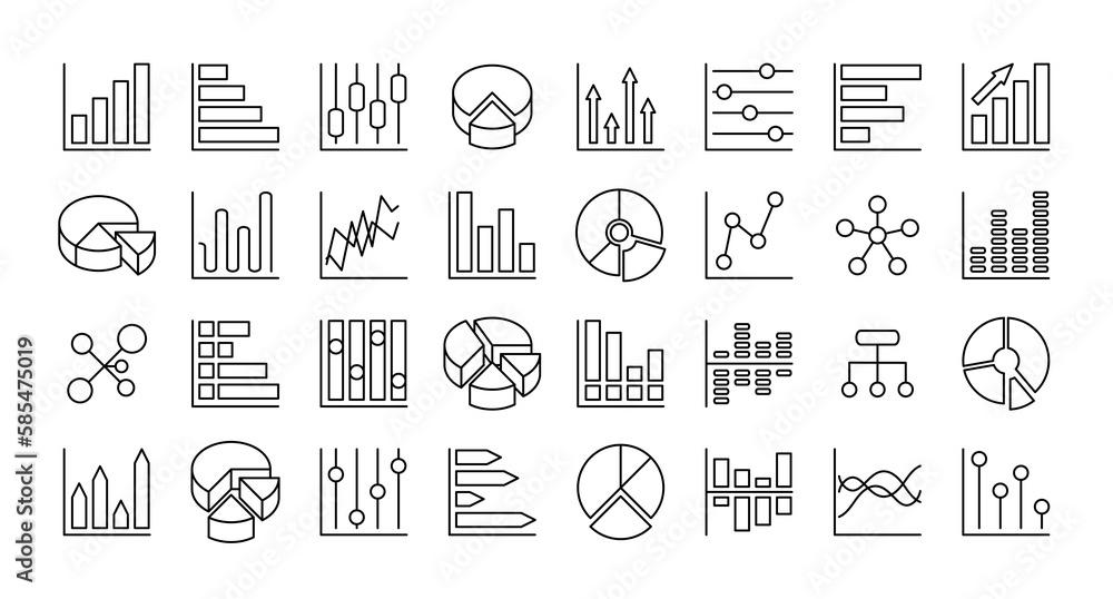 Poster set icons diagram in linear style. infographics icon chart vector graphics