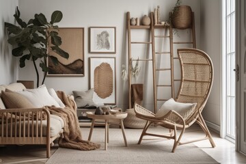Boho chic living room with rattan chairs, cushions, mock up poster frame, side tables, lamp, bamboo ladder, décor, and personal accessories. Interior design. Template. Generative AI
