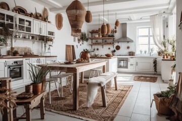 Bohemian kitchen and dining room in white with wooden elements. Table, chairs, carpet, and appliances. Boho rural decor,. Generative AI
