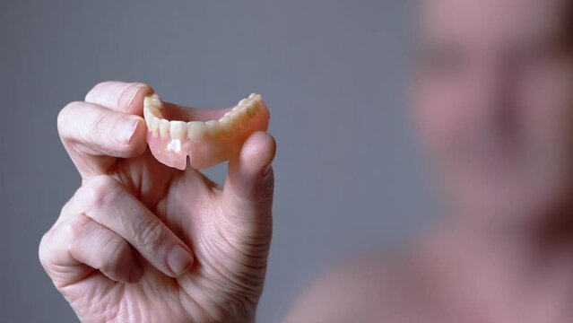 Elderly Male Holding a Denture of the Upper Jaw in Hands on a Blurred Background. Close up. Showing. Inverted full denture upper jaw with white teeth. Advertising. Implant. Orthodontics. Old age. 70s.