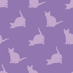 Seamless pattern in cute cat on lilac background. Vector image.