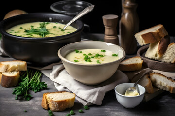 Asparagus soup made with green asparagus and croutons, served in a rustic style, close-up, generative AI.