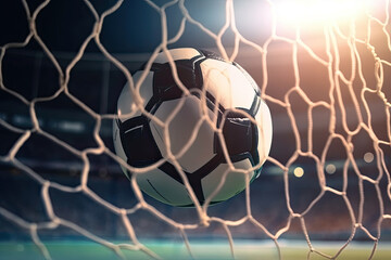 soccer ball in goal of stadium at night. Ai generative - obrazy, fototapety, plakaty