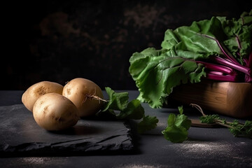 Fresh turnips with leaves, with salad on the stone Generative AI