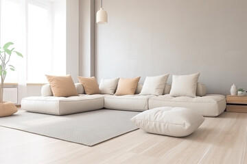Japanese modern living room in light beige tones. Modern minimalist interior. Background with contemporary design. Modern interior design. 3D render, generative ai.
