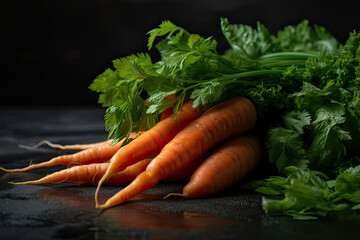Fresh bundle of fresh carrots with leaves, with salad on the stone Generative AI