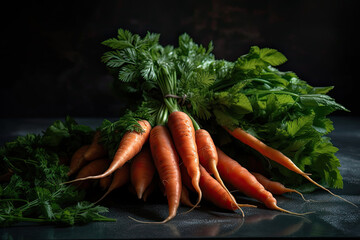 Fresh bundle of fresh carrots with leaves, with salad on the stone Generative AI