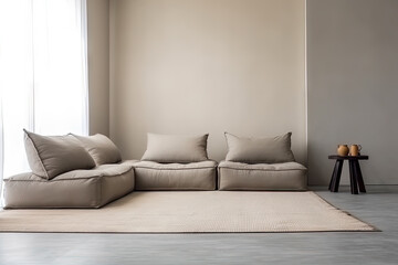 Japanese modern living room in earthy Morandi tones. Modern minimalist interior. Background with contemporary design. Modern interior design. 3D render, generative ai.