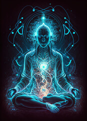 Luminescent abstract human meditating in a sitting pose. Energy esoteric yogi practice watercolor digital art generative ai
