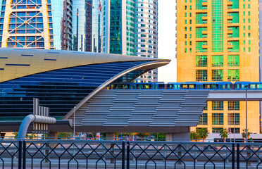 Futuristic metro station in Dubai in a summer day