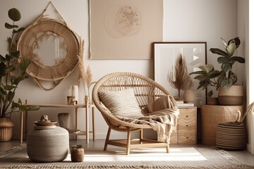 Boho style mockup frame in pleasant beige house environment. Generative AI