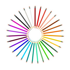 Set of realistic colorful pencils. Colored pencils isolated on white background. Template design for presentation, publications, education. Vector illustration.