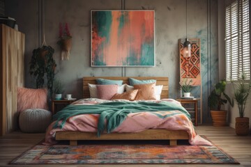Retro bedroom with abstract artwork. Pillows and boho style cushions on side table. 80s design concept. Generative AI