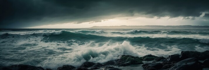 Fototapeta premium Riding the Storm: Dramatic Ocean Waves and Clouds