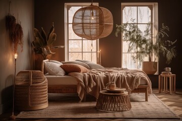 Rattan floor lamp and wooden coffee table with pampas grass vase in bedroom. Huge wicker floor lamp. Warm bohemian decor. Bohemian interior design. Generative AI