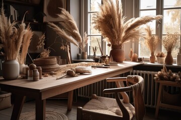 Home office. Scandinavian home office. Homework. Brown house decor wooden table, armchair, wicker baskets with dried flowers and pampas grass. Generative AI