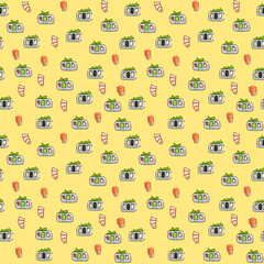 Vector pattern with cute Japanese sushi, shrimp and salmon in cartoon style.