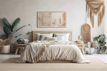Fototapeta na wymiar Coastal bohemian bedroom interior mockup,. Generative AI