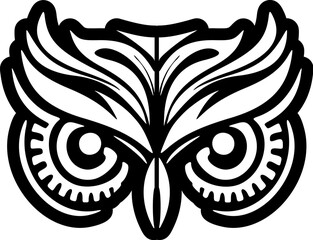 ﻿Owl with black and white face tattoo, featuring Polynesian designs.