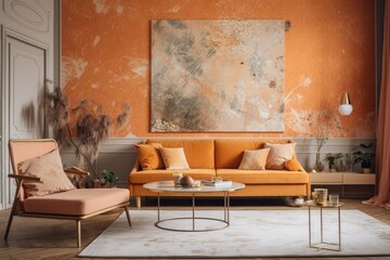 Beautiful orange and beige living room with wallpaper, carpet, and fabric couch. Classic minimalism,. Generative AI