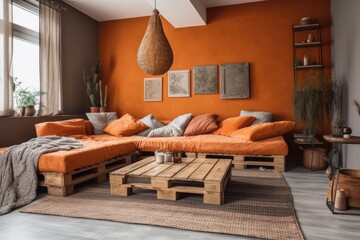 Obraz premium Orange accented natural living room with raw wood furnishings. Generative AI