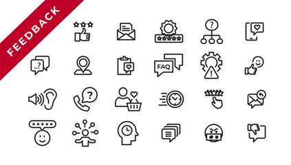 Feedback Outline Icon Collection. Thin Line Set contains such Icons as Rating, Testimonials, Quick Response, Satisfaction and more. Simple web icon set