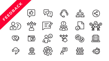 Feedback Outline Icon Collection. Thin Line Set contains such Icons as Rating, Testimonials, Quick Response, Satisfaction and more. Simple web icon set