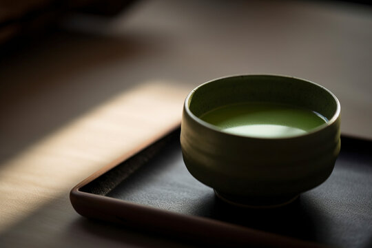 A cup of matcha green tea, served in a traditional Japanese ceramic cup. (Generative AI)

