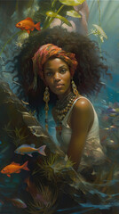 beautiful mermaid african american woman under the ocean. Curly Black Hair. Colorful aquatic vegetation with different fish