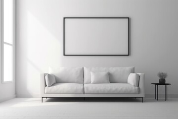 Empty frame canvas blank in modern living room with sofa. Generative AI, Generative, AI