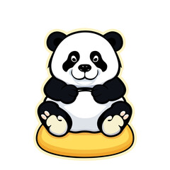 A cute panda bear sitting on a yellow pillow.