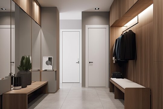 Minimalist modern wardrobe in the area of the entrance door, interior design idea - Generative AI