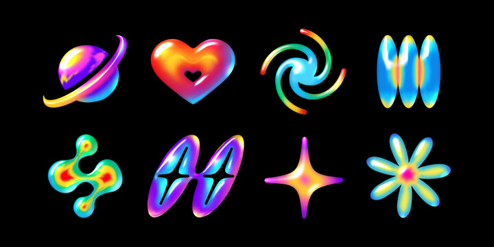 3D neon colored objects set in Y2K style: planets, hearts, stars, flower, and galaxy. Trendy futuristic and vibrant vector elements for abstract designs, web, print, and creative projects