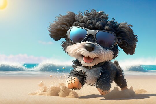 Cute Cartoon Aussie Doodle with Sunglasses Running Through the Sand at the Beach  (Generative AI)