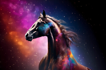 Naklejka na ściany i meble Graceful Fantasy Horse Floating Amidst a Breathtaking and Colorful Galaxy - Ideal for Adding a Touch of Magic and Enchantment to Your Design Projects, Generative AI