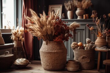 Flower filled wicker baskets. Autumn living room hygge. Scandinavian decor. lounge. dried flowers, ears, spikelets, vase. Generative AI