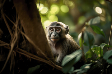 Macaque  monkey in natural habitat, jungle ape illustration, generative, ai