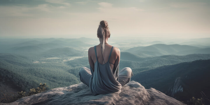 Meditating woman on top of the mountain, mindfullnes lifestyle, spiritual awerness, mental soul health, self care, healthy habit, relief generative ai