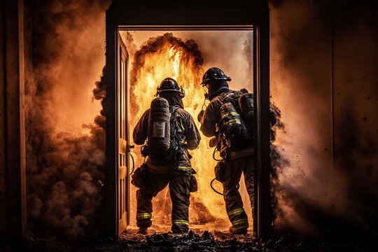 Group of firefighters at work entering burning building. AI Generative