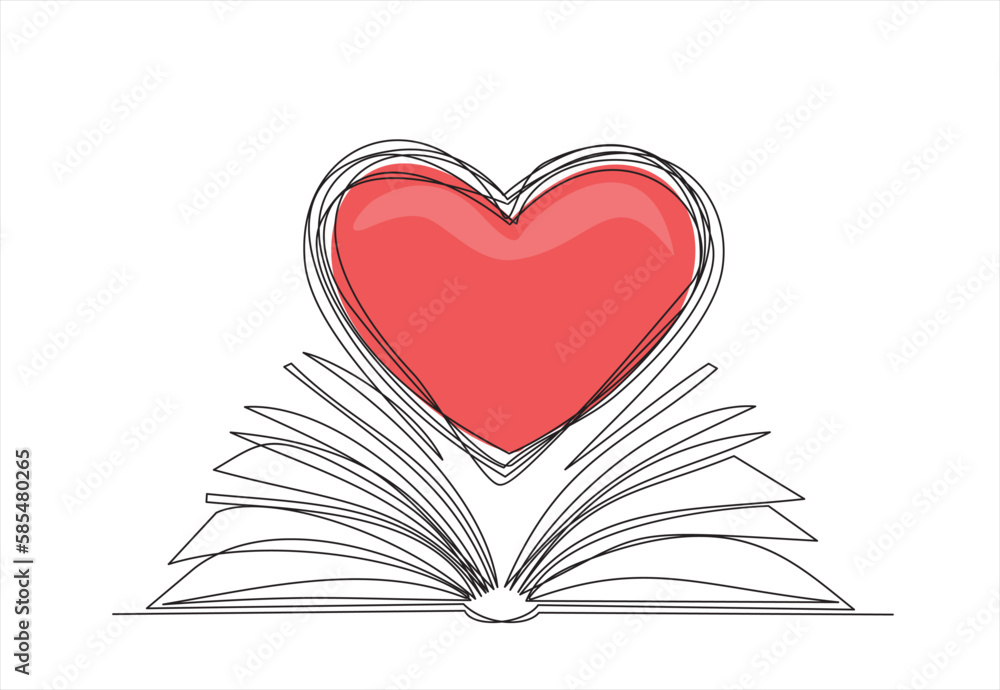 Poster open book and heart, continuous line vector illustration. one line vector drawing of a book and a he