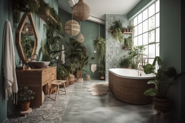 Fototapeta na wymiar Urban jungle interiors. Contemporary bathroom with green tropical plants and wicker décor. Bohemian bathroom with white tub, shower, and wash basin. Generative AI