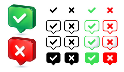 correct and incorrect sign on 3d checkmark icon button . Set check mark box frame with green tick and red cross symbols - yes or no 3d icons buttons on  chat cloud shape 