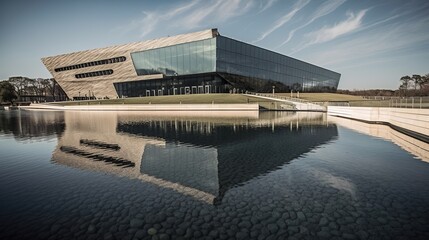 Modern glass building surrounded by water and gras - created by generative AI