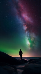 Fototapeta premium Person watching the northern lights on a clear night with stars, Created With generative AI