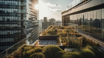 modern roof terrace overgrown with plants in a modern city- created by generative AI
